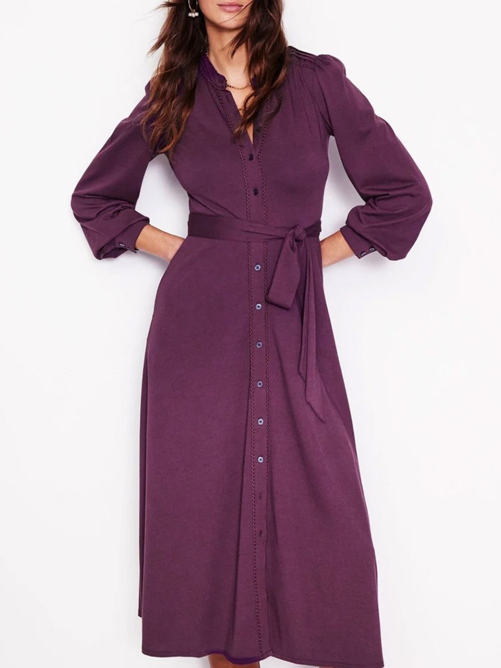Boden Rowena Purple Fit & Flare Midi Shirt Dress Tie Waist Pockets XXS